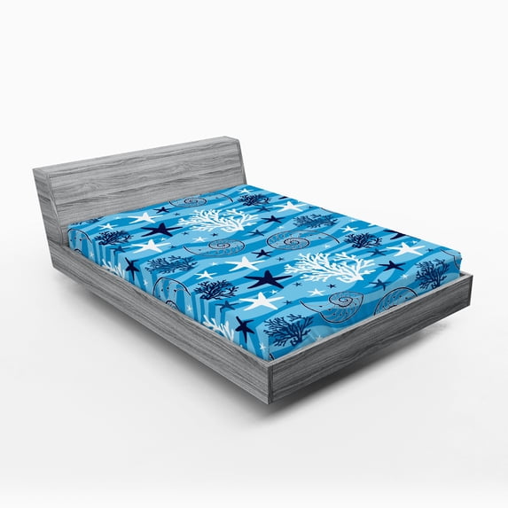 Ambesonne Underwater Fitted Sheet, Seashells Marine Sea, Queen Size, Blue White
