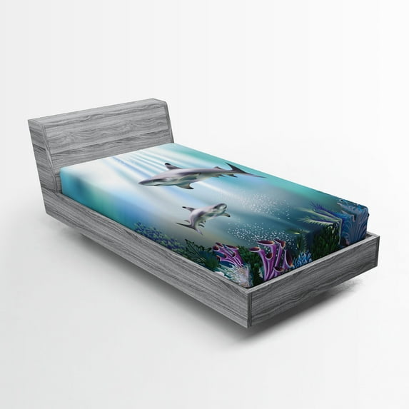 Ambesonne Underwater Fitted Sheet, Sharks Coral Aquatic, Twin Size, Multicolor