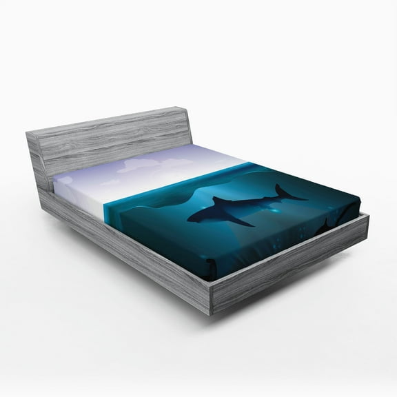 Ambesonne Underwater Fitted Sheet, Wild Sharks in Sea, Full Size, Violet Petrol Blue