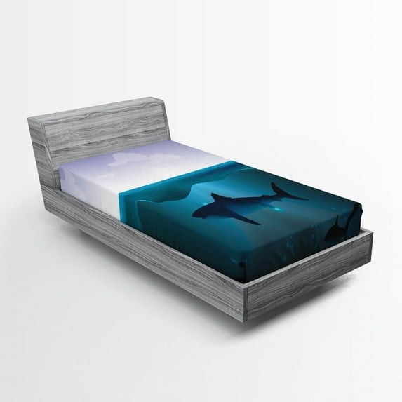 Ambesonne Underwater Fitted Sheet, Wild Sharks in Sea, Twin XL Size, Violet Petrol Blue