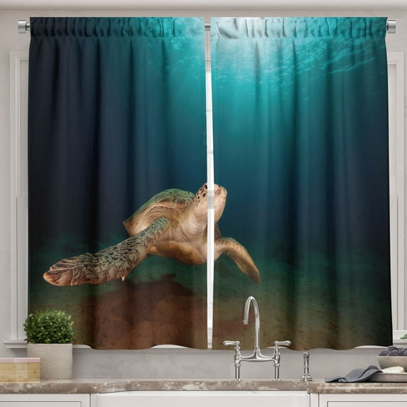 Ambesonne Underwater Kitchen Curtains, Green Turtle Sunbeam, 55"x39", Pale Brown Dark Blue