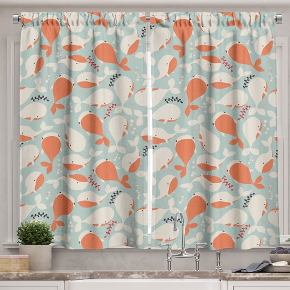 Ambesonne Underwater Kitchen Curtains, Ocean Animal Whales, 55"x39", Salmon Coconut Turquoise