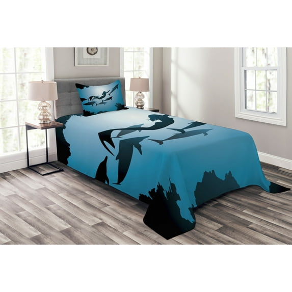 Ambesonne Underwater Quilted Bedspread Set 2 Pcs, Mermaid and Dolphins, Twin Size, Blue Black Petrol Blue
