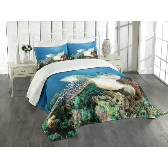 Ambesonne Underwater Quilted Bedspread Set 3 Pcs, Green Turtle Coral, King Size, Blue Green White