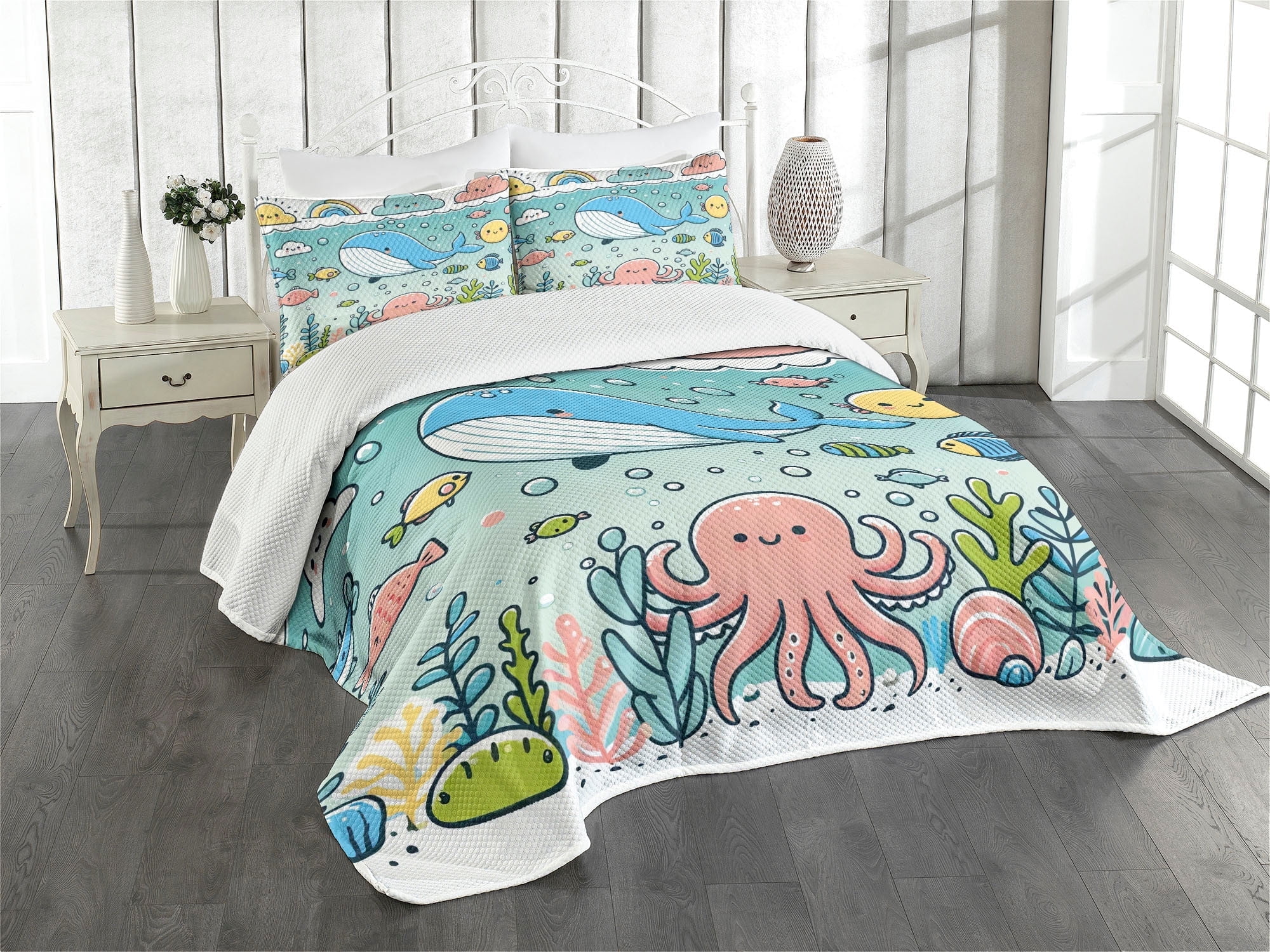 King Seafoam Green Quilted Bedspread Set with Pillow Shams