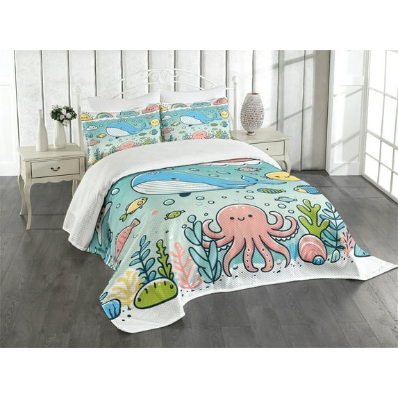 Ambesonne Underwater Quilted Bedspread Set 3 Pcs, Happy Marine Life Pastel, Queen Size, Seafoam Coral Blue