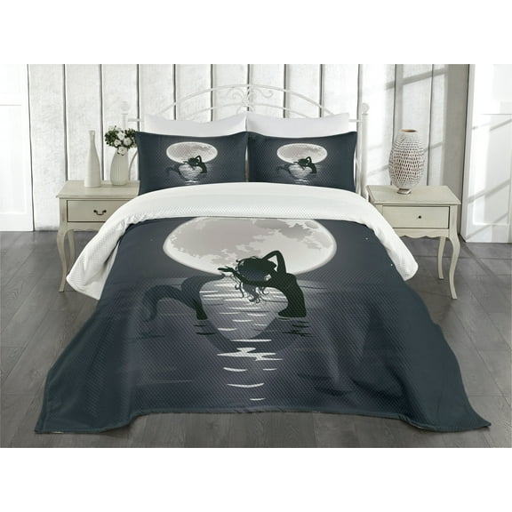 Ambesonne Underwater Quilted Bedspread Set 3 Pcs, Mermaids at Night, King Size, Black Grey