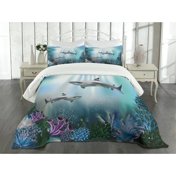 Ambesonne Underwater Quilted Bedspread Set 3 Pcs, Sharks Coral Aquatic, Queen Size, Multicolor