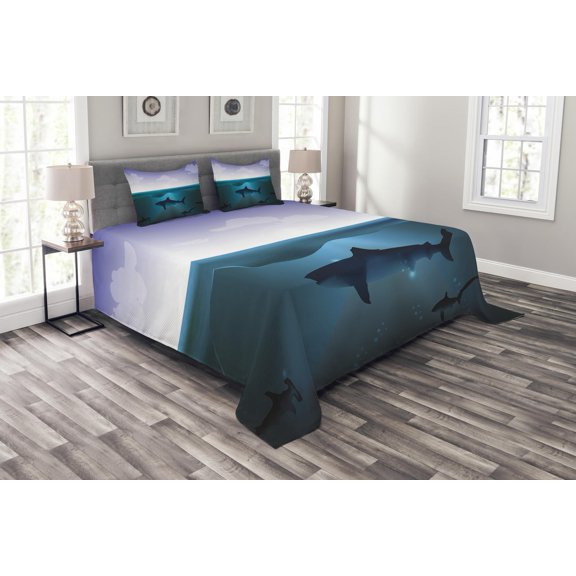 Ambesonne Underwater Quilted Bedspread Set 3 Pcs, Wild Sharks in Sea, Queen Size, Violet Petrol Blue