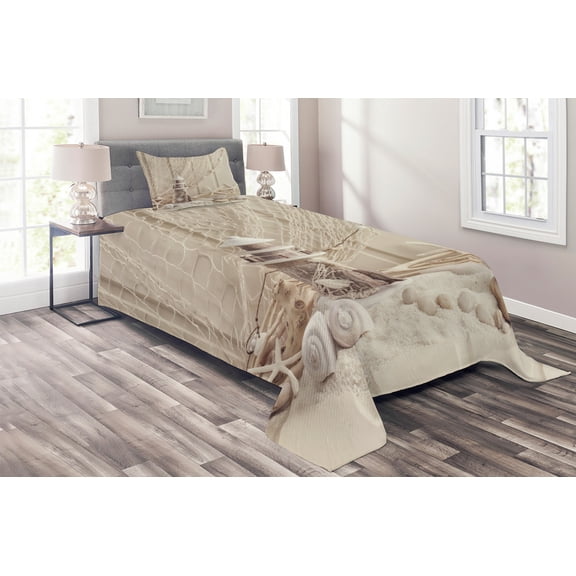 Ambesonne Underwater Quilted Coverlet 2 Pcs, Marine Fishing Net, Twin Size, Beige Cream