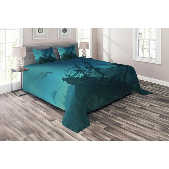 Ambesonne Underwater Quilted Coverlet 3 Pcs, Dolphins Ship Sea, King Size, Slate Blue Pale Blue