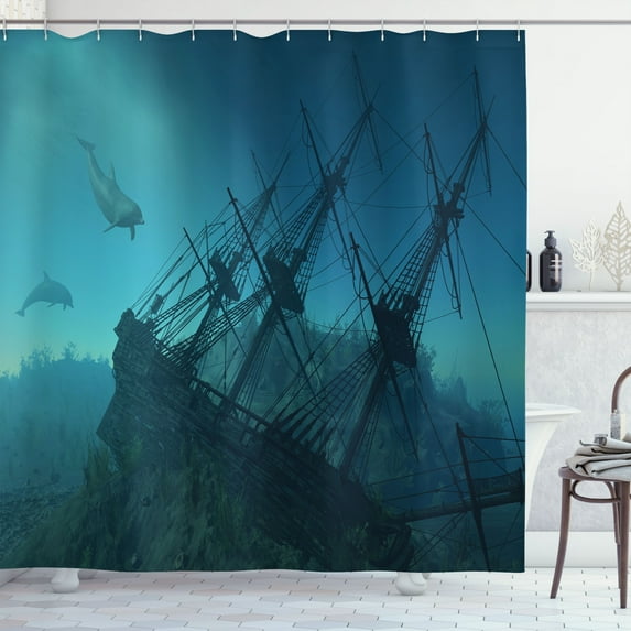 Ambesonne Underwater Shower Curtain, Dolphins Ship Sea, 69"Wx84"L, Slate Blue Pale Blue