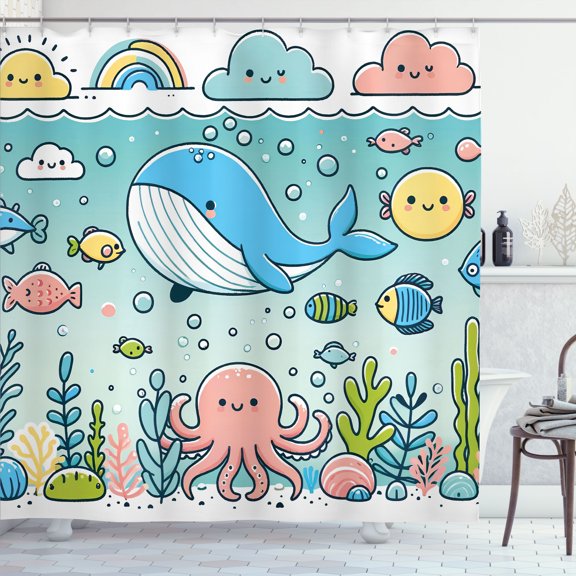 Ambesonne Underwater Shower Curtain, Happy Marine Life Pastel, 69"Wx70"L, Seafoam Coral Blue