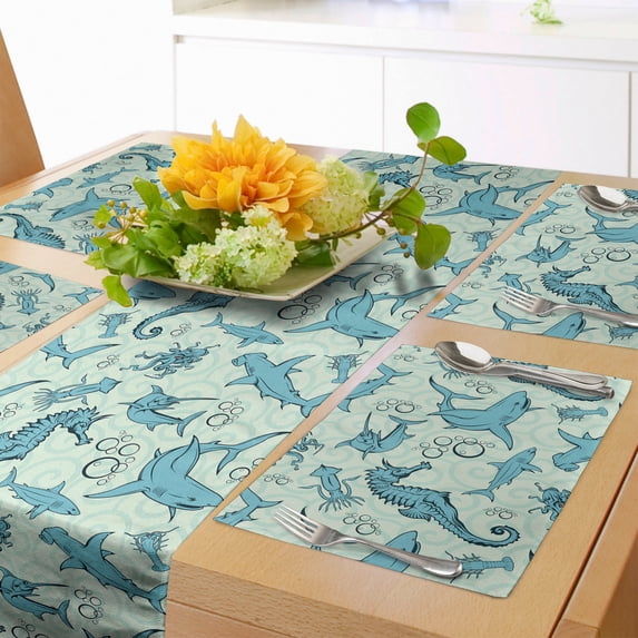 Ambesonne Underwater Table Runner & Placemats, Cartoon Octopus, Placemat 4 pcs + Runner 14"x90", Blue Multicolor