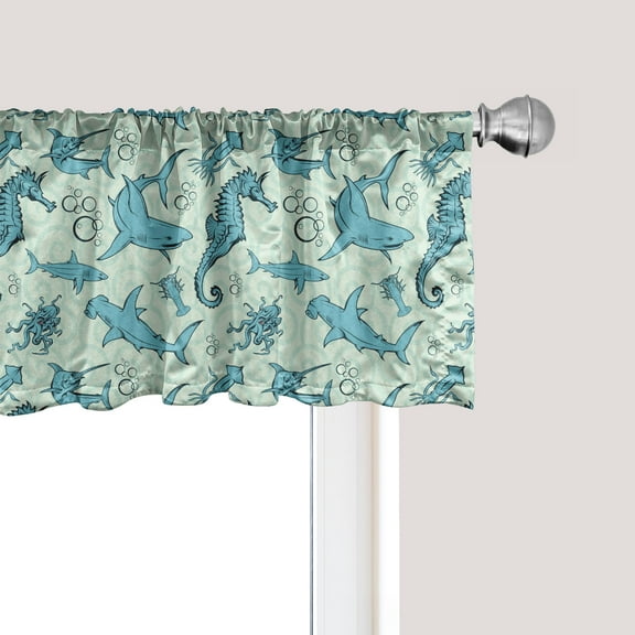 Ambesonne Underwater Window Valance, Cartoon Seahorse Cuttlefish Octopus and Shark, Curtain Valance for Kitchen Bedroom Decor with Rod Pocket, 54" X 18", Blue Multicolor