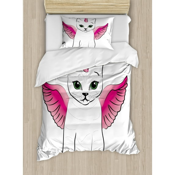 Ambesonne Unicorn Cat Duvet Cover Sets, Urban Fantasy Art, 2-Twin, Pink Black