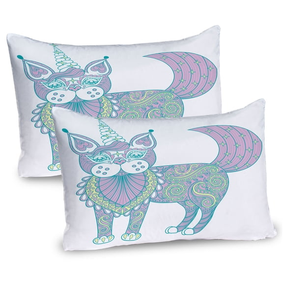 Ambesonne Unicorn Cat Pillow Sham 2 Pack, Magic Cat Ethnic, 26"x20", Pink Teal Pale Yellow