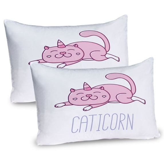 Ambesonne Unicorn Cat Pillow Sham 2 Pack, Pink Funny Mascot, 36"x20", Pink Lilac White