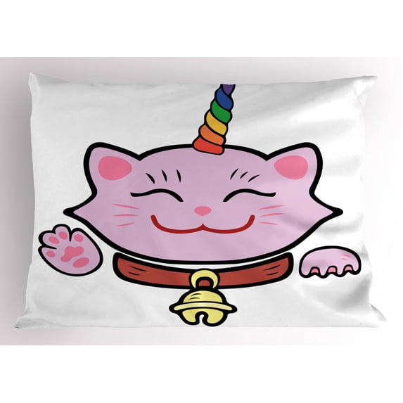 Ambesonne Unicorn Cat Pillow Sham, Pink Maneki Neko, 36" X 20", Multicolor
