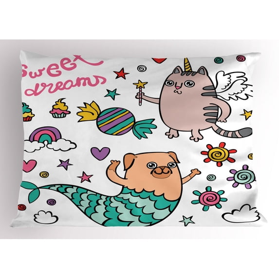 Ambesonne Unicorn Cat Pillow Sham, Pug Mermaid Wish, 36" X 20", Multicolor