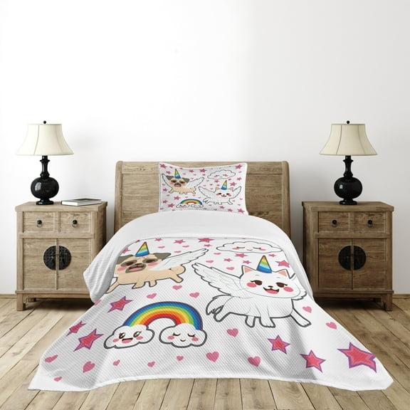 Ambesonne Unicorn Cat Quilted Bedspread Set 2 Pcs, Comic Pop Art Style, Twin Size, Multicolor