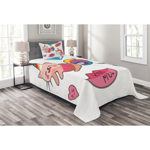Ambesonne Unicorn Cat Quilted Bedspread Set 2 Pcs, Fantasy, Twin Size, Pink Multicolor