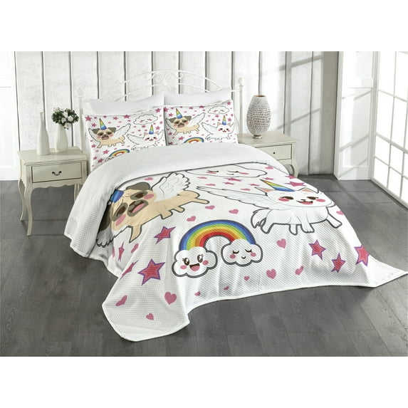 Ambesonne Unicorn Cat Quilted Bedspread Set 3 Pcs, Comic Pop Art Style, King Size, Multicolor
