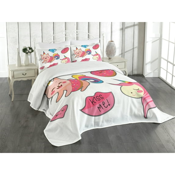 Ambesonne Unicorn Cat Quilted Bedspread Set 3 Pcs, Fantasy, King Size, Pink Multicolor