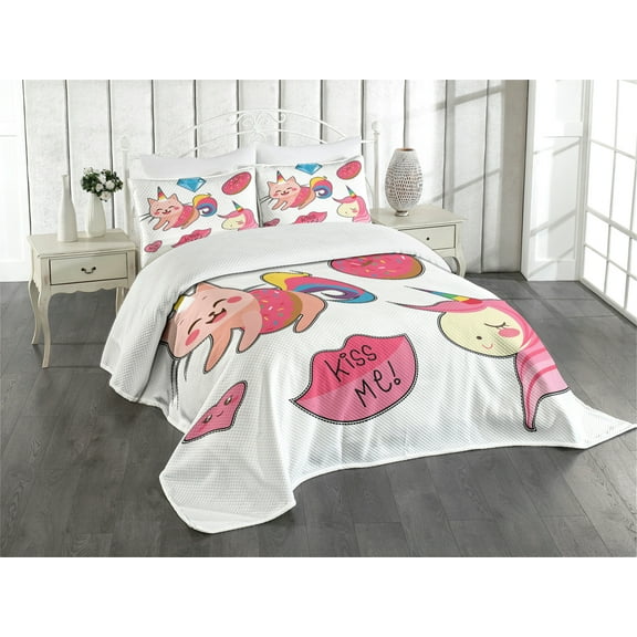 Ambesonne Unicorn Cat Quilted Bedspread Set 3 Pcs, Fantasy, Queen Size, Pink Multicolor