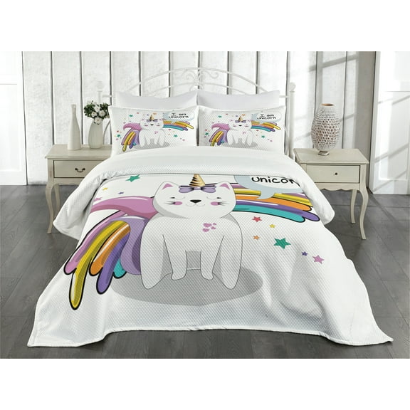 Ambesonne Unicorn Cat Quilted Bedspread Set 3 Pcs, Fiction, Queen Size, Multicolor
