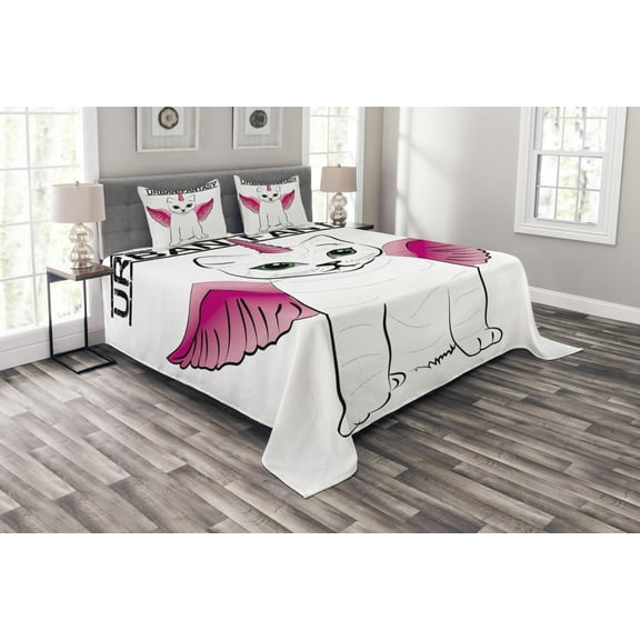 Ambesonne Unicorn Cat Quilted Bedspread Set 3 Pcs, Urban Fantasy Art, King Size, Pink Black