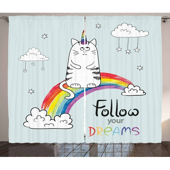 Ambesonne Unicorn Curtains 2 Panel Set, Follow Your Dreams Rainbow, 108" x 84", Multicolor