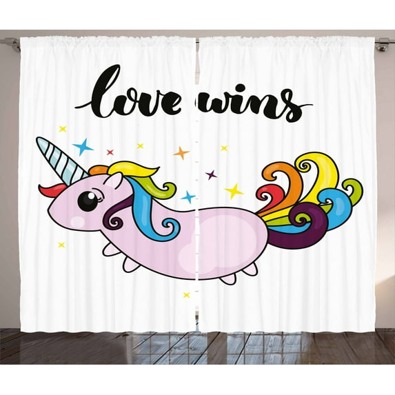 Ambesonne Unicorn Curtains 2 Panel Set, LGBT Slogan Tail, 108" x 96", Multicolor