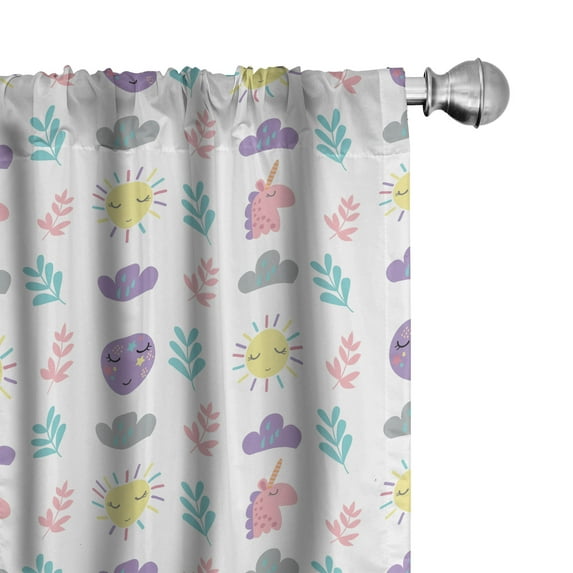 Ambesonne Unicorn Curtains, Clouds Suns Animals Art, Pair of 28"x63", Pale Lilac Turquoise and Blue