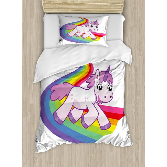 Ambesonne Unicorn Duvet Cover Sets, Creature Rainbow, 2-Twin, White Lilac