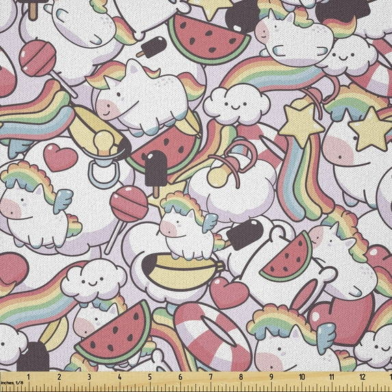 Ambesonne Unicorn Fabric by the Yard Microfiber, Watermelon Ice Cream Animal, 1 Yard, Coral Green Pastel Pink