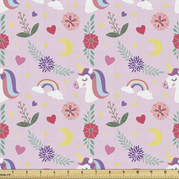 Ambesonne Unicorn Fabric by the Yard Upholstery, Hearts Flowers Colorful Art, 2 Yards, Pale Pink and Multicolor