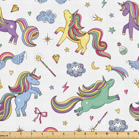 Ambesonne Unicorn Fabric by the Yard Upholstery, Horses Colorful Hairs Art, 10 Yards, Pastel Yellow Seafoam