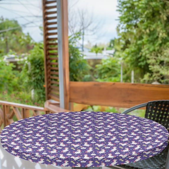 Ambesonne Unicorn Fitted Round Tablecloth, Theme Rainbow Cloud, 36"- 40" Diameter, Dark Indigo and Multicolor