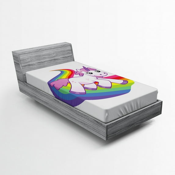 Ambesonne Unicorn Fitted Sheet, Creature Rainbow, Twin XL Size, White Lilac