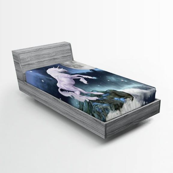 Ambesonne Unicorn Fitted Sheet, Rock up Cliffs Image, Twin Size, Lilac Blue