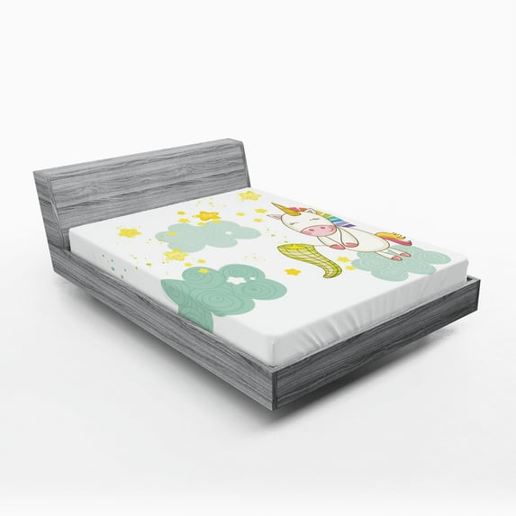 Ambesonne Unicorn Fitted Sheet, Unicorn Fairies Print, Queen Size, Yellow Green