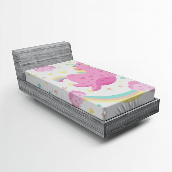 Ambesonne Unicorn Fitted Sheet, Unicorn with Star Rainbow, Twin XL Size, Yellow Pink