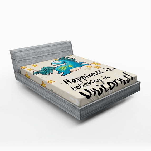 Ambesonne Unicorn Fitted Sheet, Words Happiness, Queen Size, Yellow Blue
