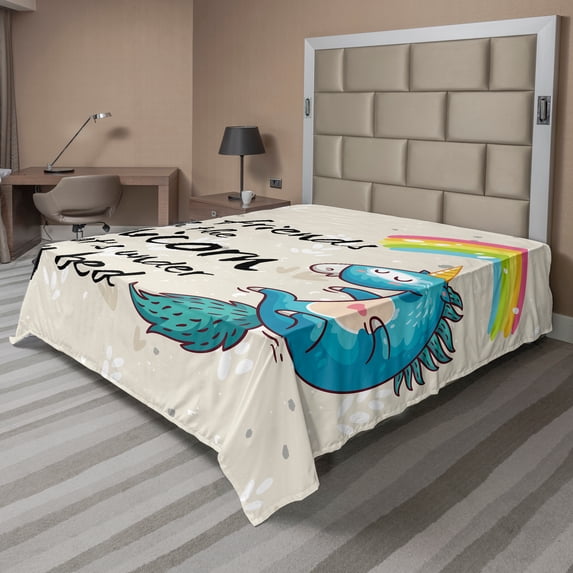 Ambesonne Unicorn Flat Sheet, Dreamer Pony, King Size, Cream Blue Black