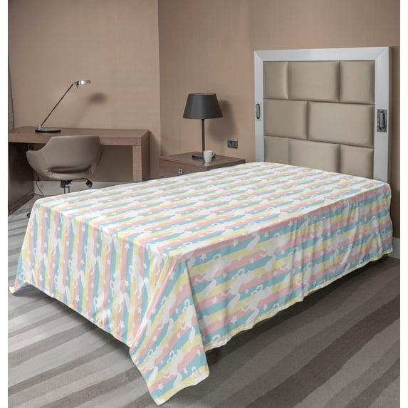 Ambesonne Unicorn Flat Sheet, Pastel Stripes Stars, Twin Size, Multicolor