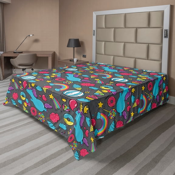 Ambesonne Unicorn Flat Sheet, Unicorns Rainbows Cartoon, Full Size, Multicolor