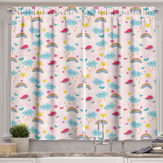 Ambesonne Unicorn Kitchen Curtains, Clouds Rainbows Stars, 55"x45", Pale Pink Multicolor