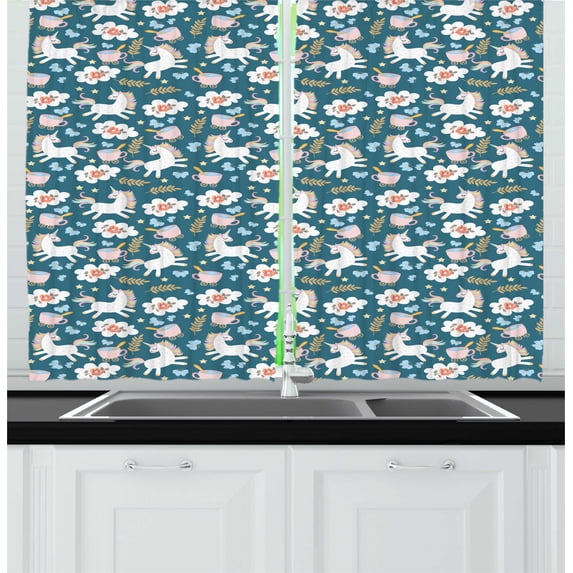 Ambesonne Unicorn Kitchen Curtains, Rainbow Pony Floral Art, 55"x45", Petrol Blue Multicolor