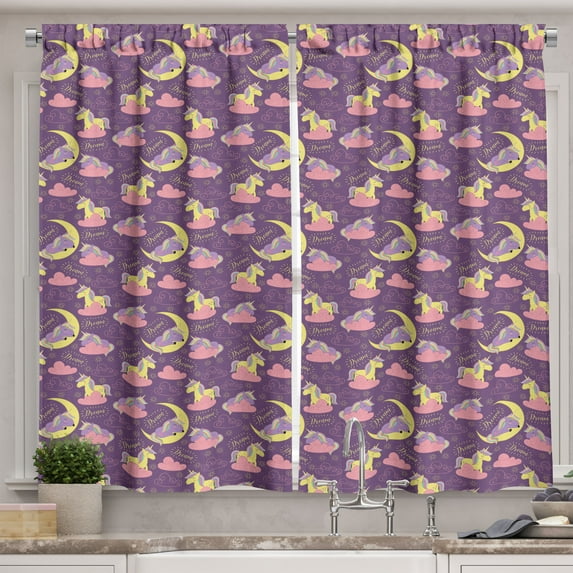 Ambesonne Unicorn Kitchen Curtains, Sleeping Horses and Moons, 55"x30", Pale Eggplant Yellow